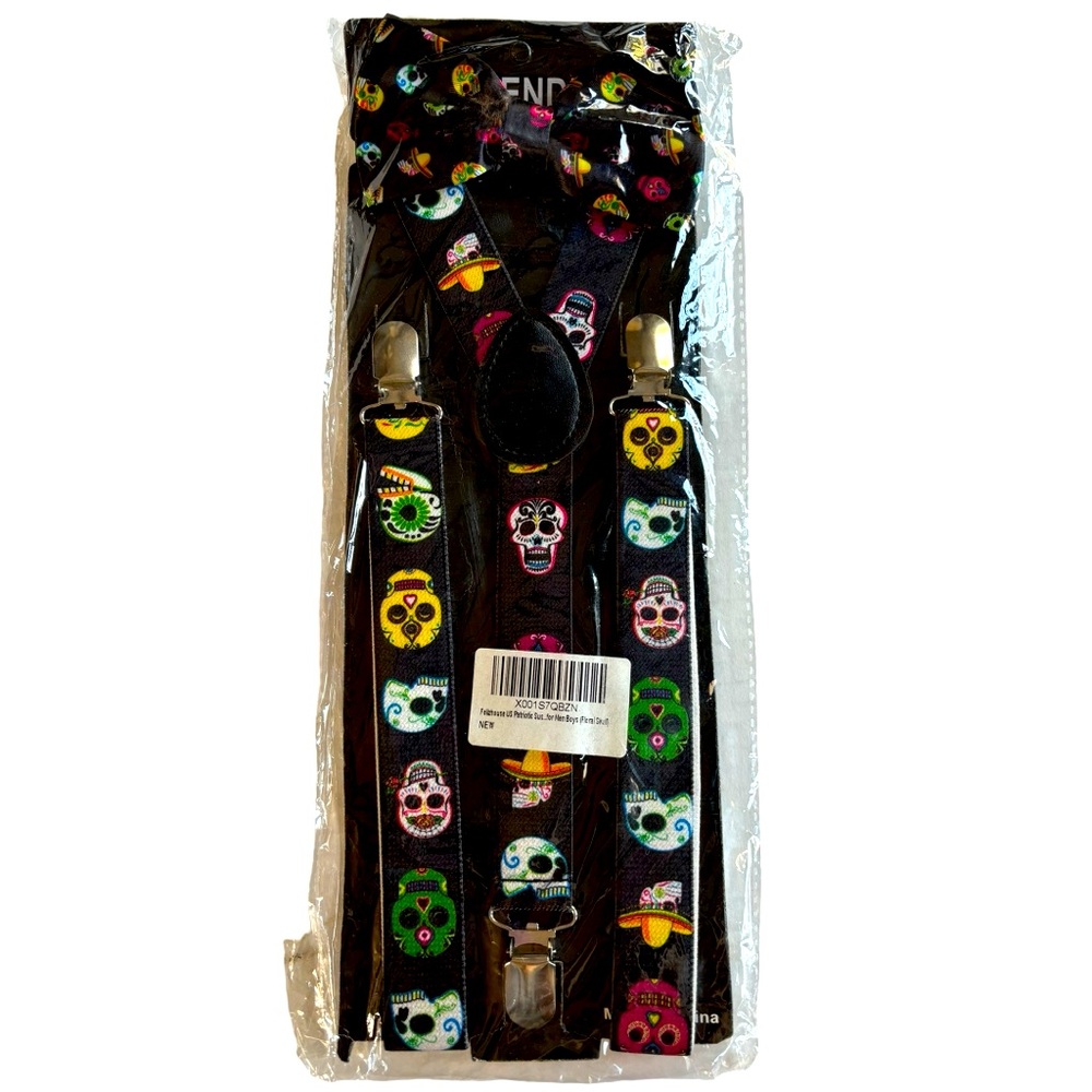 Felizhouse Floral Skull Halloween Sugar Skull Day of Dead Suspenders & Bow Tie